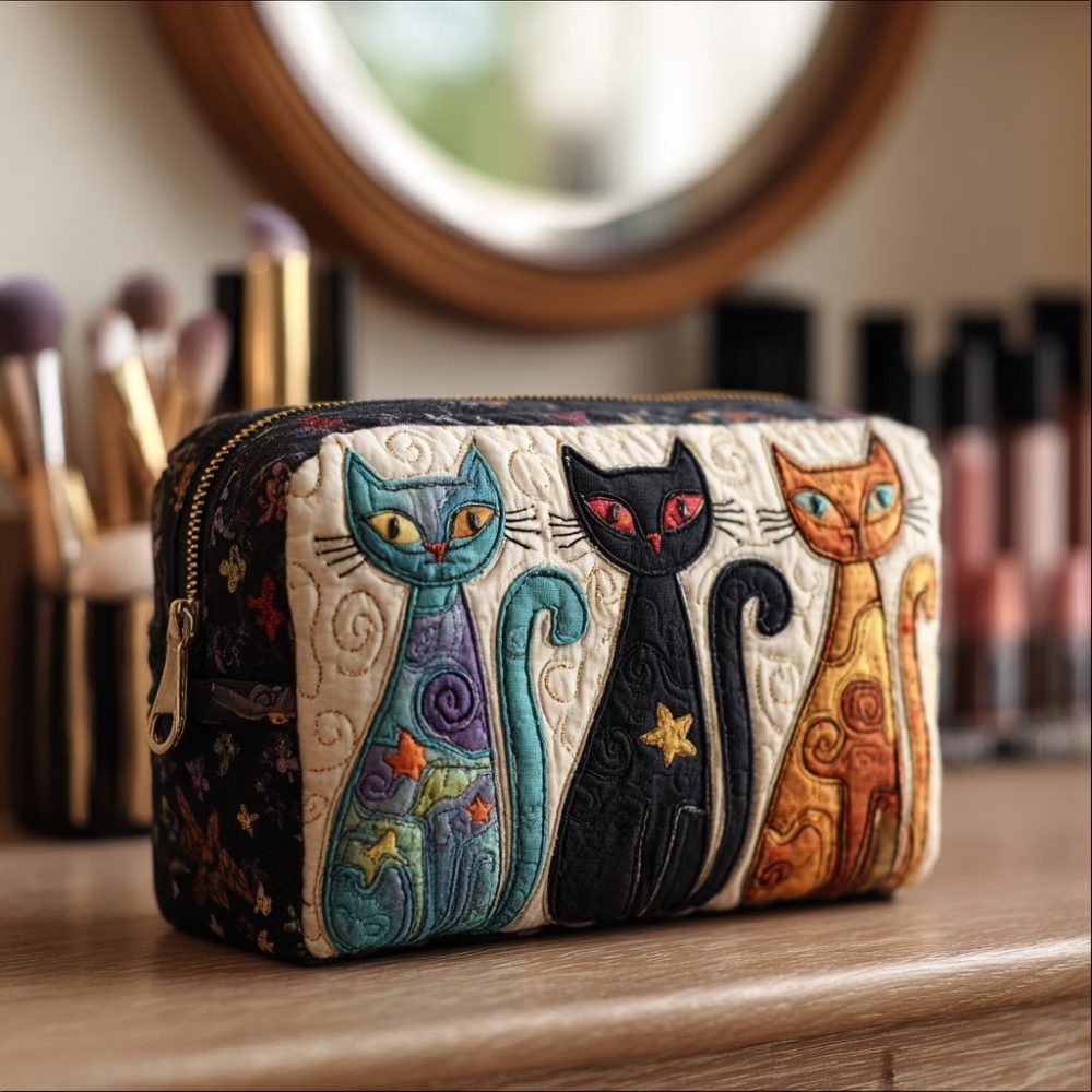 Cat Glow Quilted Makeup Bag