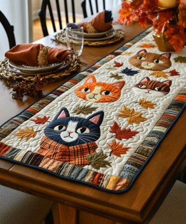 Charming Autumn Cat Quilted Table Runner
