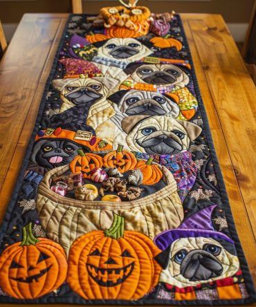 Cheerful Pugs Quilted Table Runner