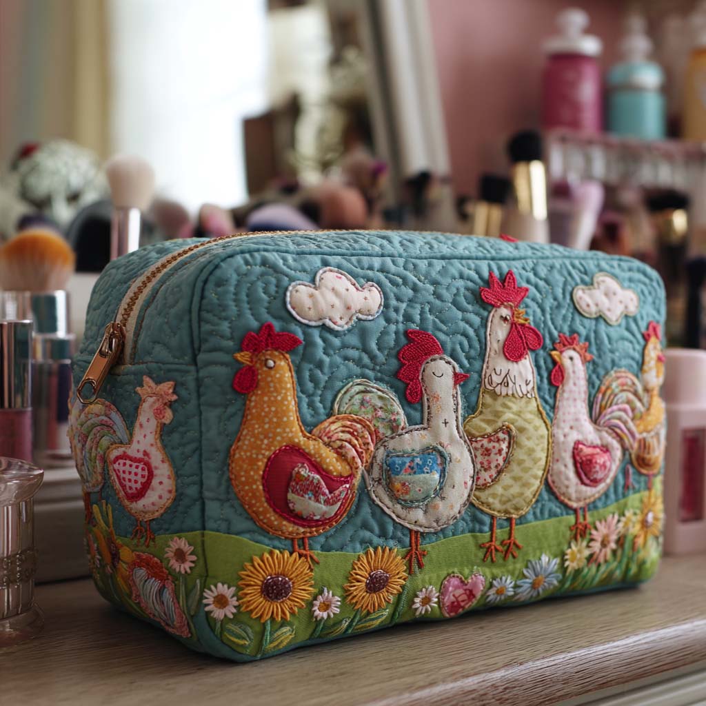 Chicken Garden Quilted Makeup Bag