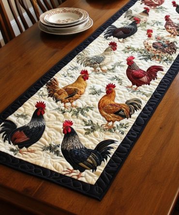 Chickens In Bloom Quilted Table Runner