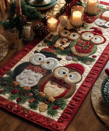 Christmas Owl Joy Quilted Table Runner