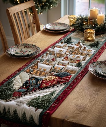 Christmas Train Joy Quilted Table Runner