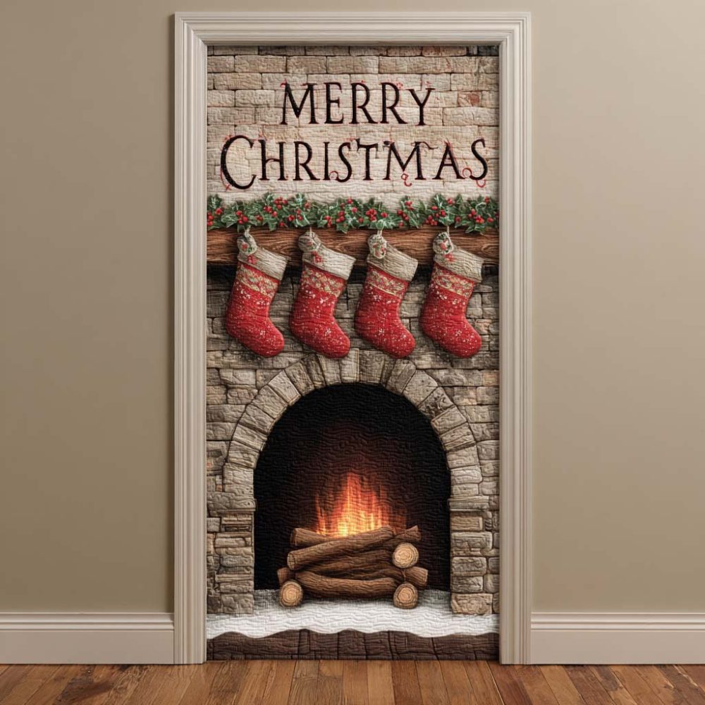 Classic White Brick Fireplace Quilted Door Cover