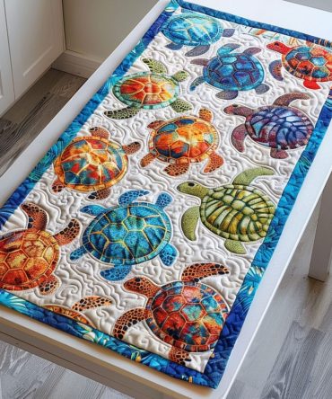 Colorful Coastal Turtle Quilted Table Runner