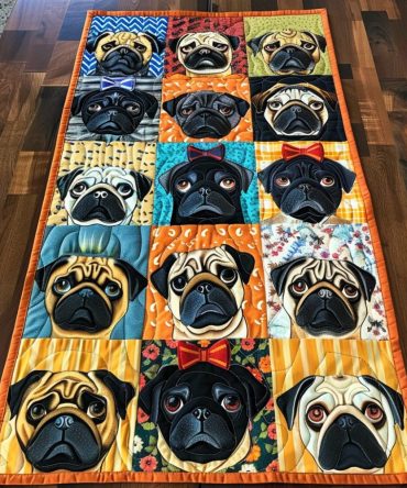 Colorful Pugs Quilted Table Runner