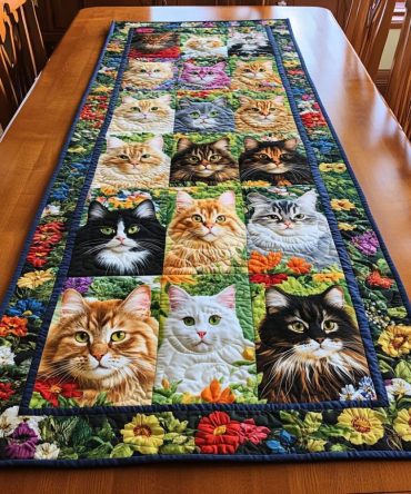 Colorful Cat Peeking Quilted Table Runner