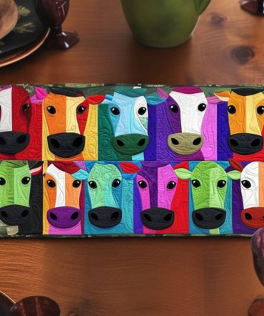 Colorful Cow Faces Quilted Table Runner