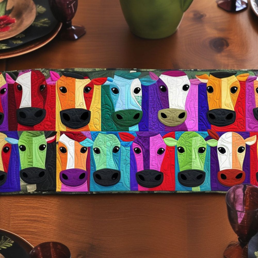 Colorful Cow Faces Quilted Table Runner