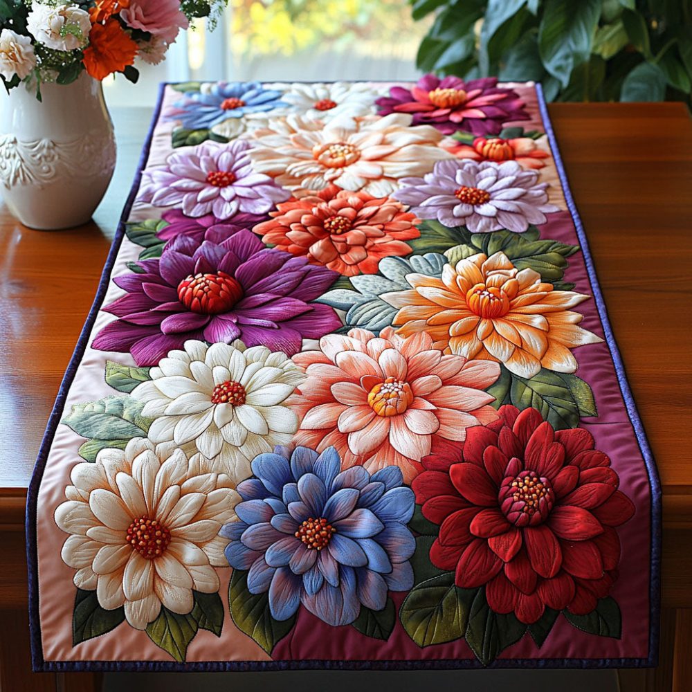 Colorful Dahlia Mix Quilted Table Runner