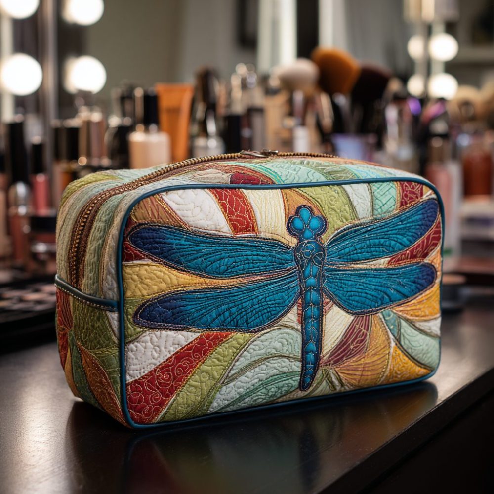 Colorful Dragonfly Quilted Makeup Bag