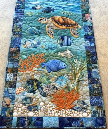 Coral Turtle Quilted Table Runner