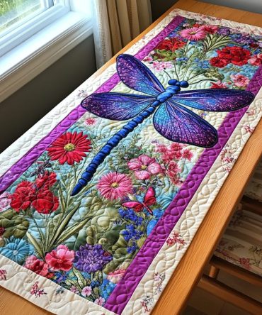 Cosmic Dragonfly Quilted Table Runner