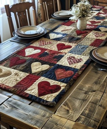 Cozy Patch Hearts Quilted Table Runner