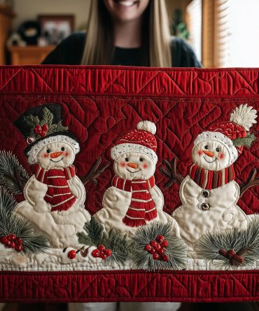 Crimson Cozy Snowmen Quilted Table Runner