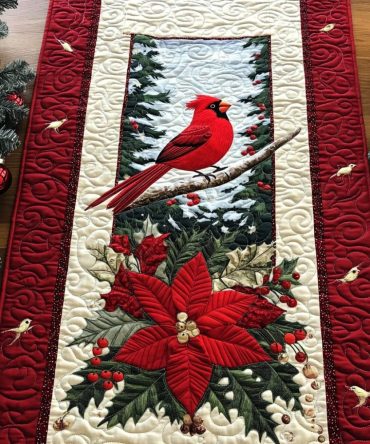 Crimson Feathered Majesty Quilted Table Runner