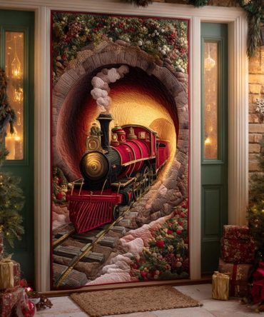 Crimson Holiday Train Quilted Door Cover