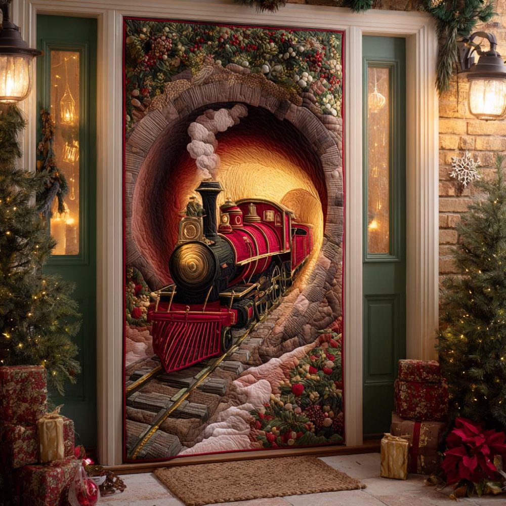 Crimson Holiday Train Quilted Door Cover