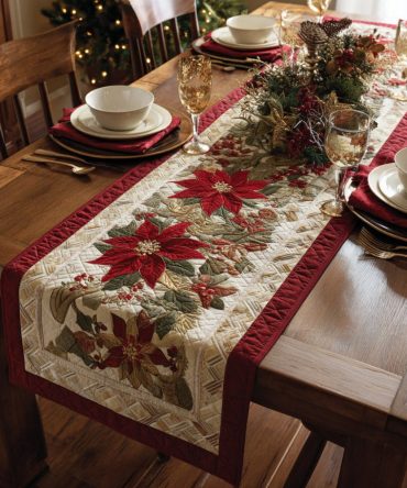 Crimson Poinsettia Border Quilted Table Runner