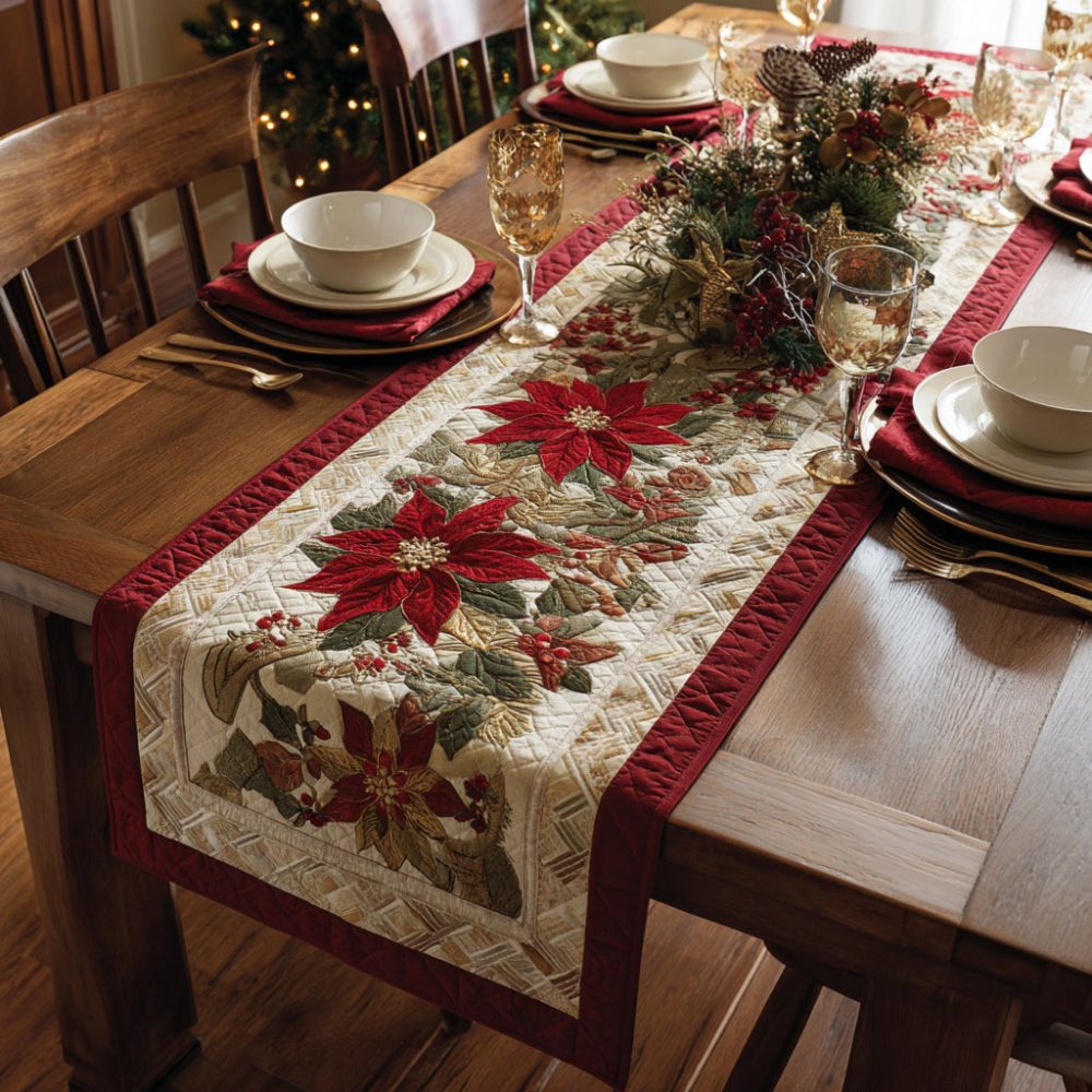 Crimson Poinsettia Border Quilted Table Runner