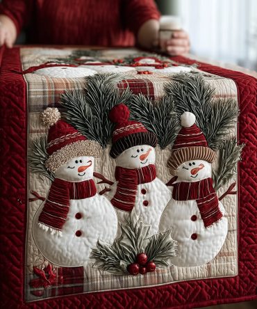 Crimson Snowman Trio Quilted Table Runner