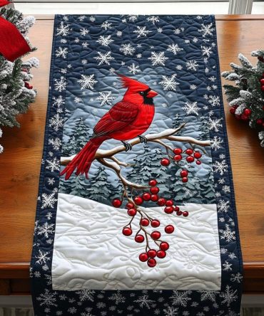 Crimson Songbird Charm Quilted Table Runner