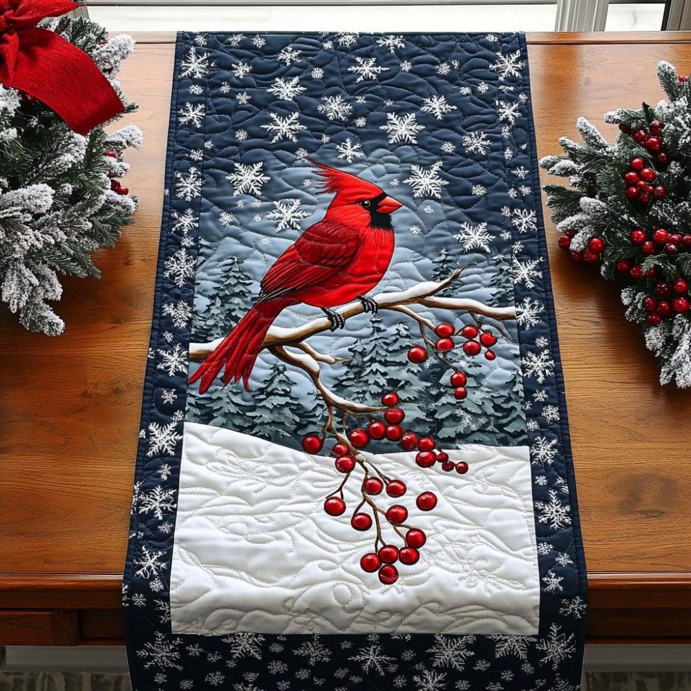 Crimson Songbird Charm Quilted Table Runner
