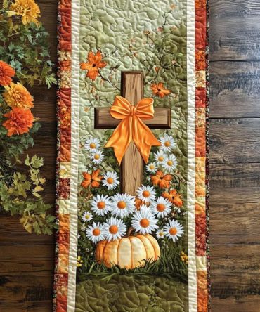 Cross And Leaves Quilted Table Runner