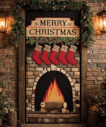 Dark Brick Christmas Hearth Quilted Door Cover
