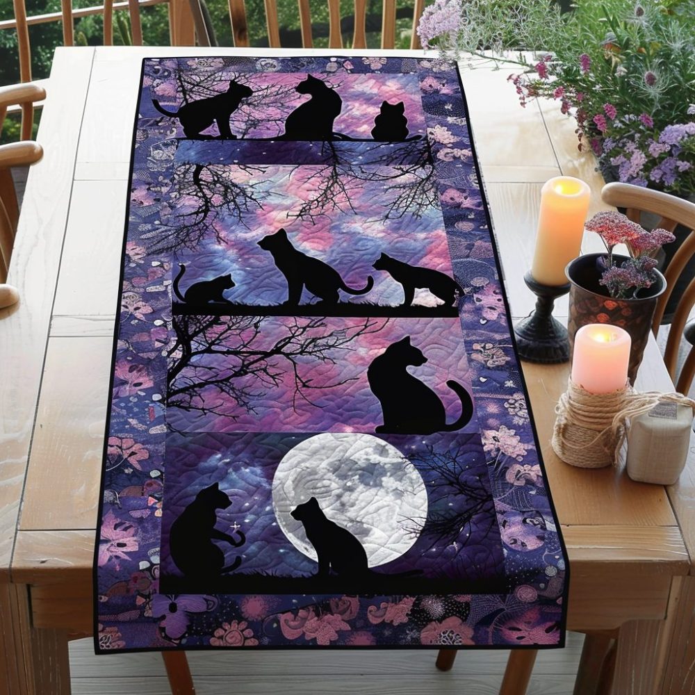 Dreamy Night Black Cats Quilted Table Runner