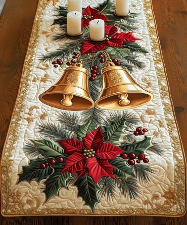 Elegant Holiday Bells Quilted Table Runner