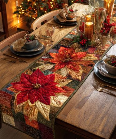 Elegant Poinsettia Scroll Quilted Table Runner