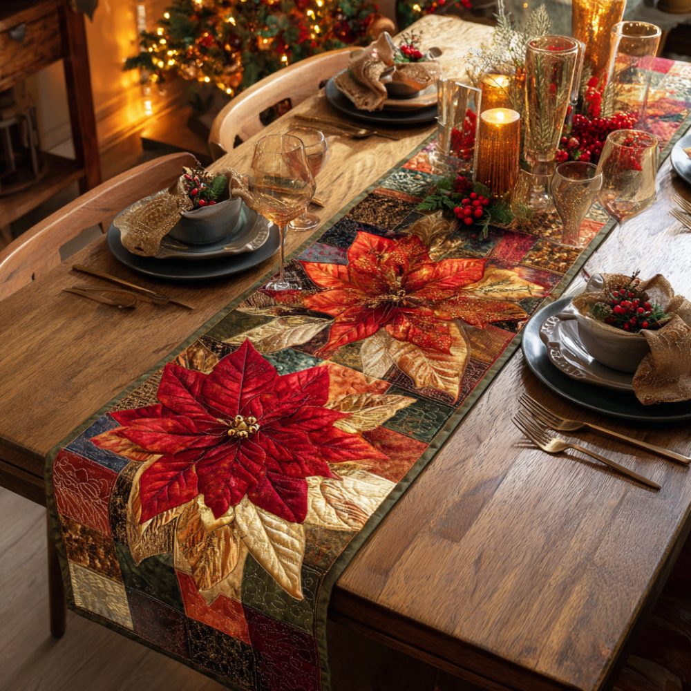 Elegant Poinsettia Scroll Quilted Table Runner