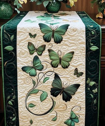 Emerald Butterfly Vines Quilted Table Runner