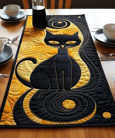 Enigmatic Eclipse Cat Quilted Table Runner