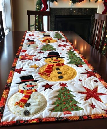 Festive Snowman & Tree Quilted Table Runner