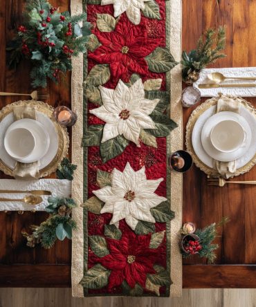 Festive Poinsettia Path Quilted Table Runner