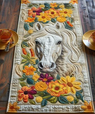 Floral Sunflower Horse Quilted Table Runner