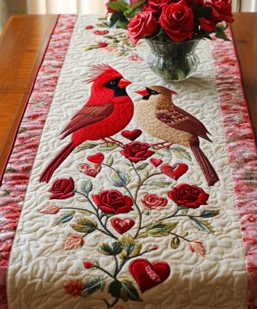 Floral Cardinals Quilted Table Runner
