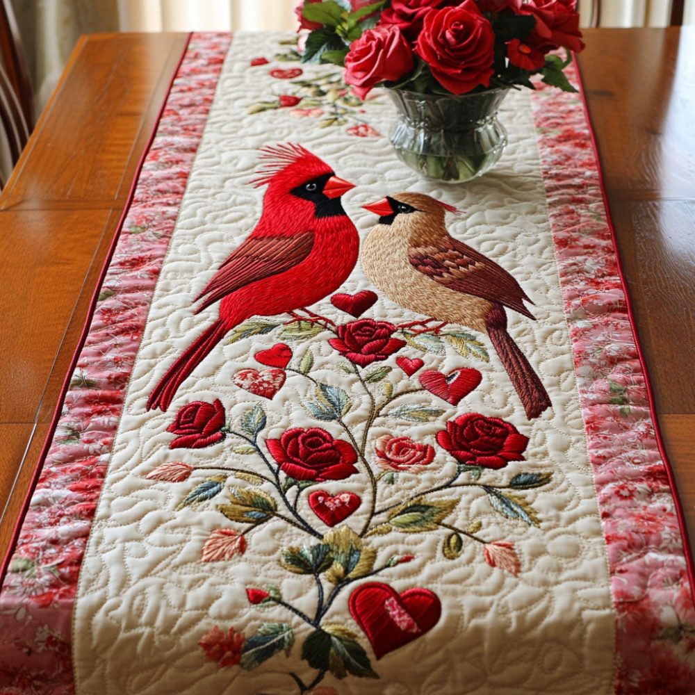 Floral Cardinals Quilted Table Runner