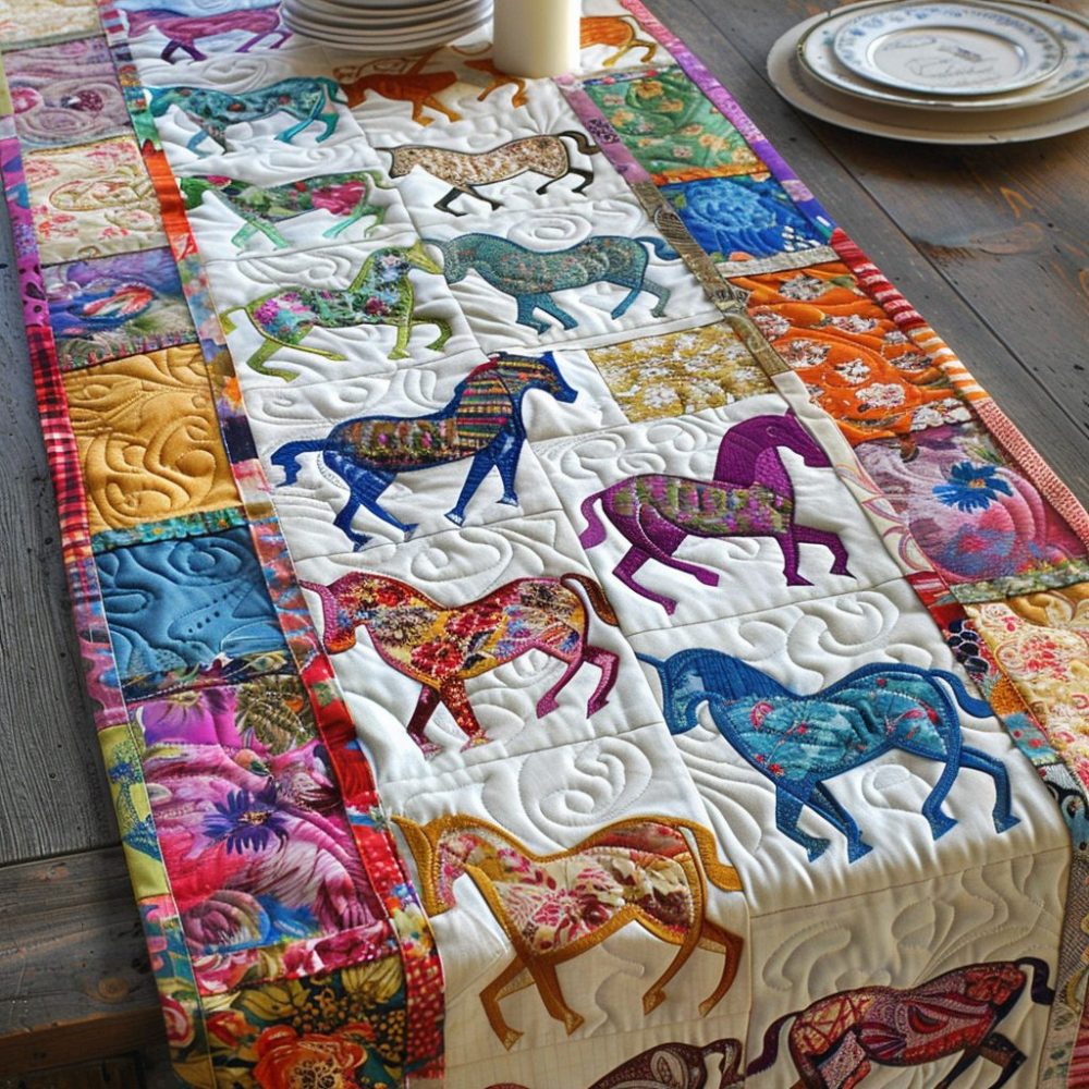 Floral Colorful Horse Quilted Table Runner