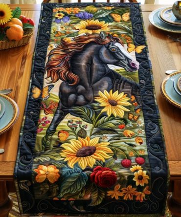 Floral Sunflower Horse Quilted Table Runner