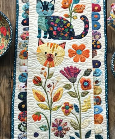 Floral Whimsical Cat Quilted Table Runner