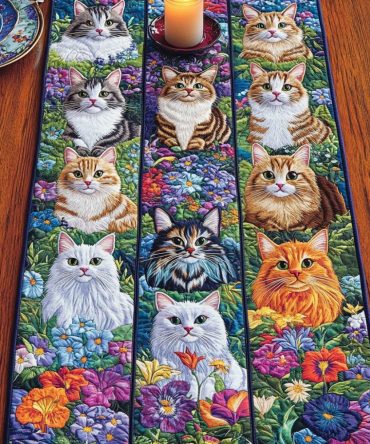 Flower Kittens Quilted Table Runner