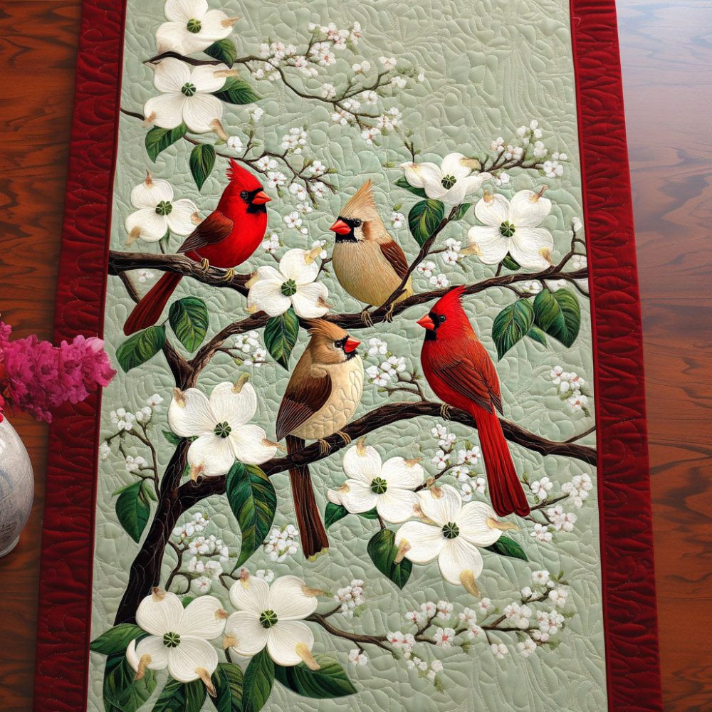 Flowering Cardinals Quilted Table Runner