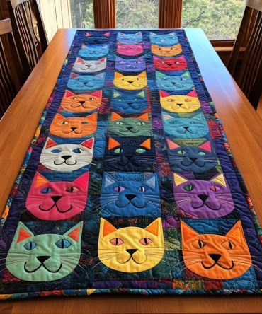 Fluffy Floral Cat Quilted Table Runner