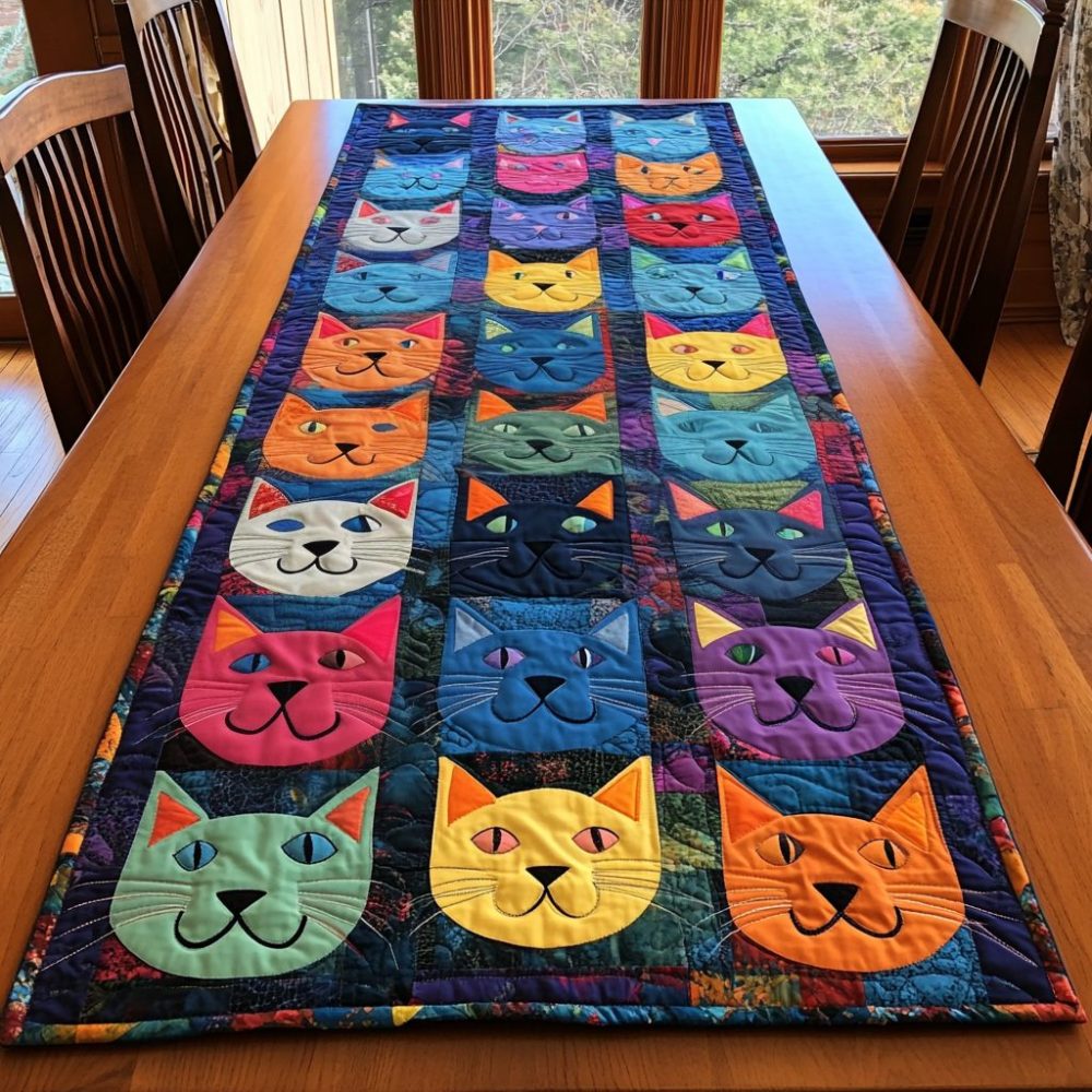 Fluffy Floral Cat Quilted Table Runner