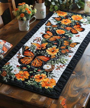 Fluttering Monarch Butterflies Quilted Table Runner