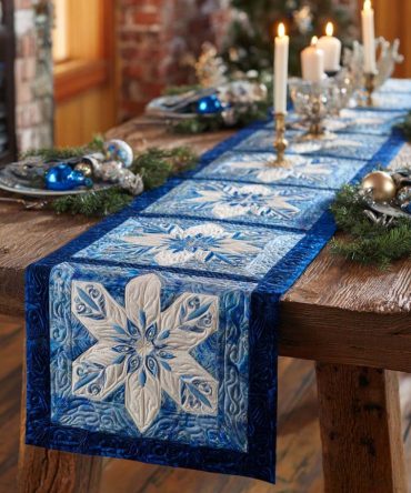 Frosty Blue Snowflake Quilted Table Runner