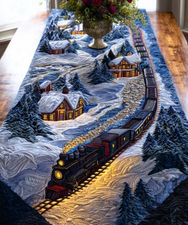 Frosty Train Lights Quilted Table Runner